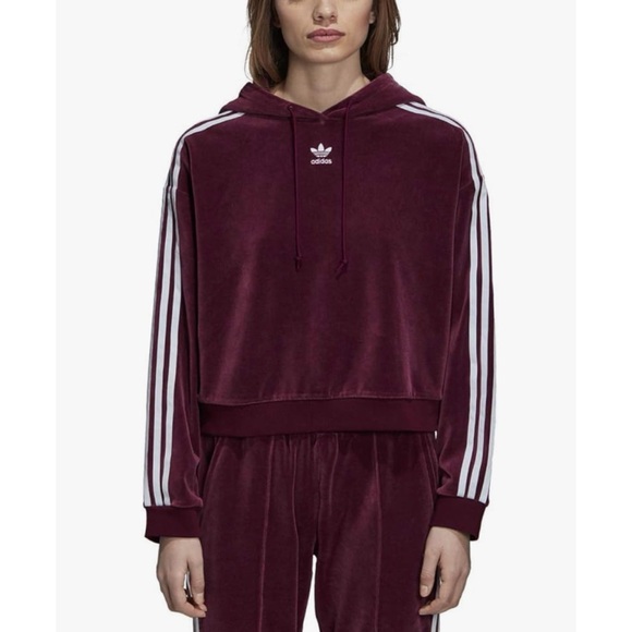 Adidas Women’s Maroon Cropped Hoodie Velour 3 Stripes Size Large - Picture 1 of 6